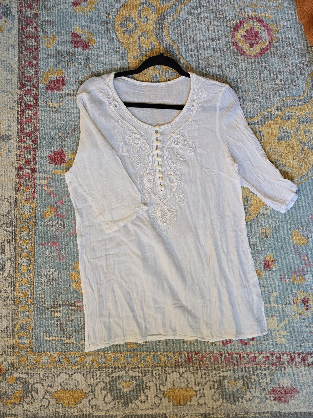 White Embroidered Linen-Blend Tunic Top